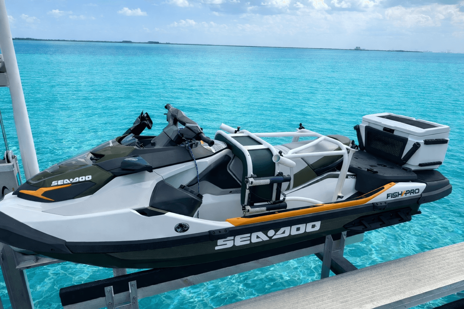 Upright Angler folded down on a Sea-Doo Fish Pro